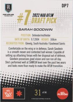 2022 Select AFLW Draft Picks #DP7 Sarah Goodwin Back